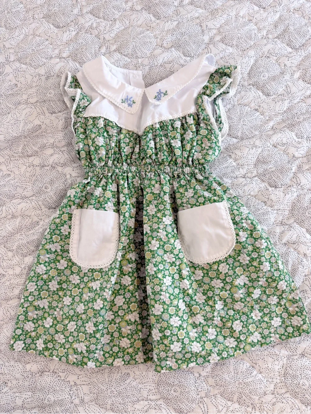Girls' Green Floral Cotton Dress with White Collar